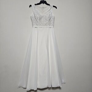 David's Bridal Wedding Dress 12 White Aline Long Sleevesless Vneck Sequin 881